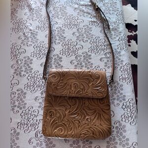 Patricia Nash Tooled Embossed Floral Crossbody Bag in Biscuit